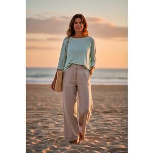 Eileen Fisher 100% Organic Linen 3/4 Sleeve Tee Shirt Top Sz M Green Sustainable